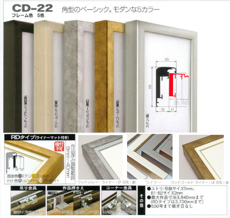 出展用仮額縁:CD-22(CD22)RDタイプ(S:ステン)　マット:レザーホワイト　刃先:金